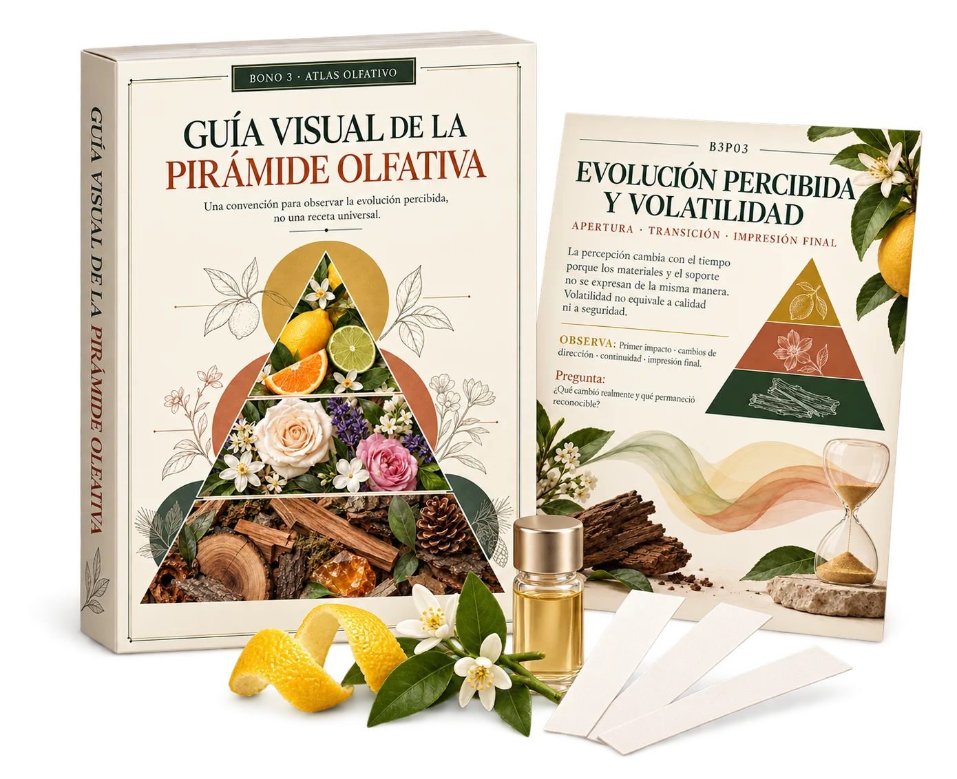 Mockup de Guía Visual de la Pirámide Olfativa con página interna real