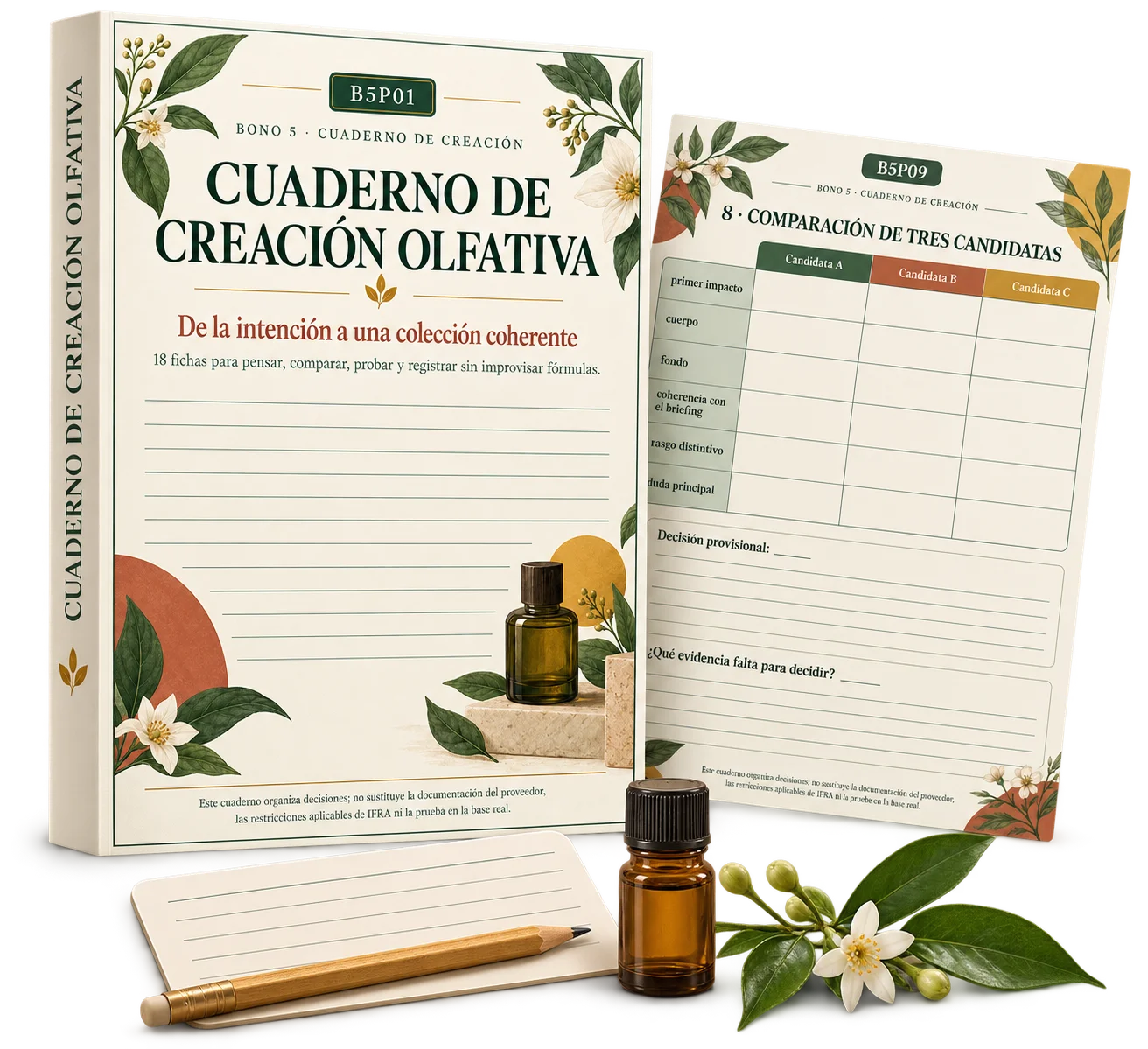 Mockup de Cuaderno de Creación Olfativa con página interna real